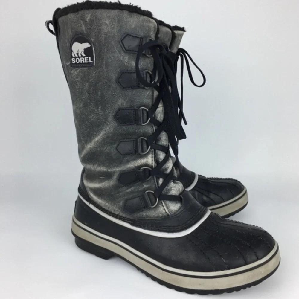 Sorel Tivoli Winter Snow Waterproof Boots Lace Up Distressed Grey Black Size 9.5